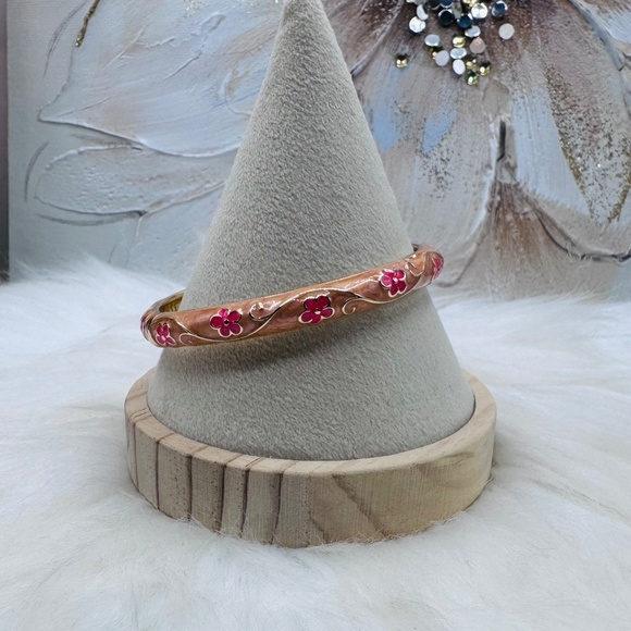 Pink Floral & Brown Enamel Cloisonne Bracelet Bangle - Picture 4 of 8